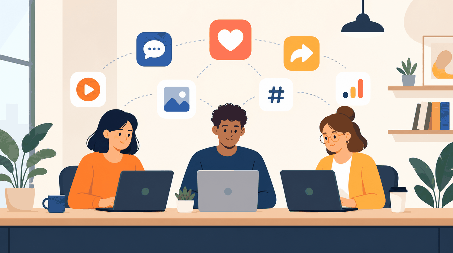 Illustration of a three-person social media team planning and scheduling posts at their desks
